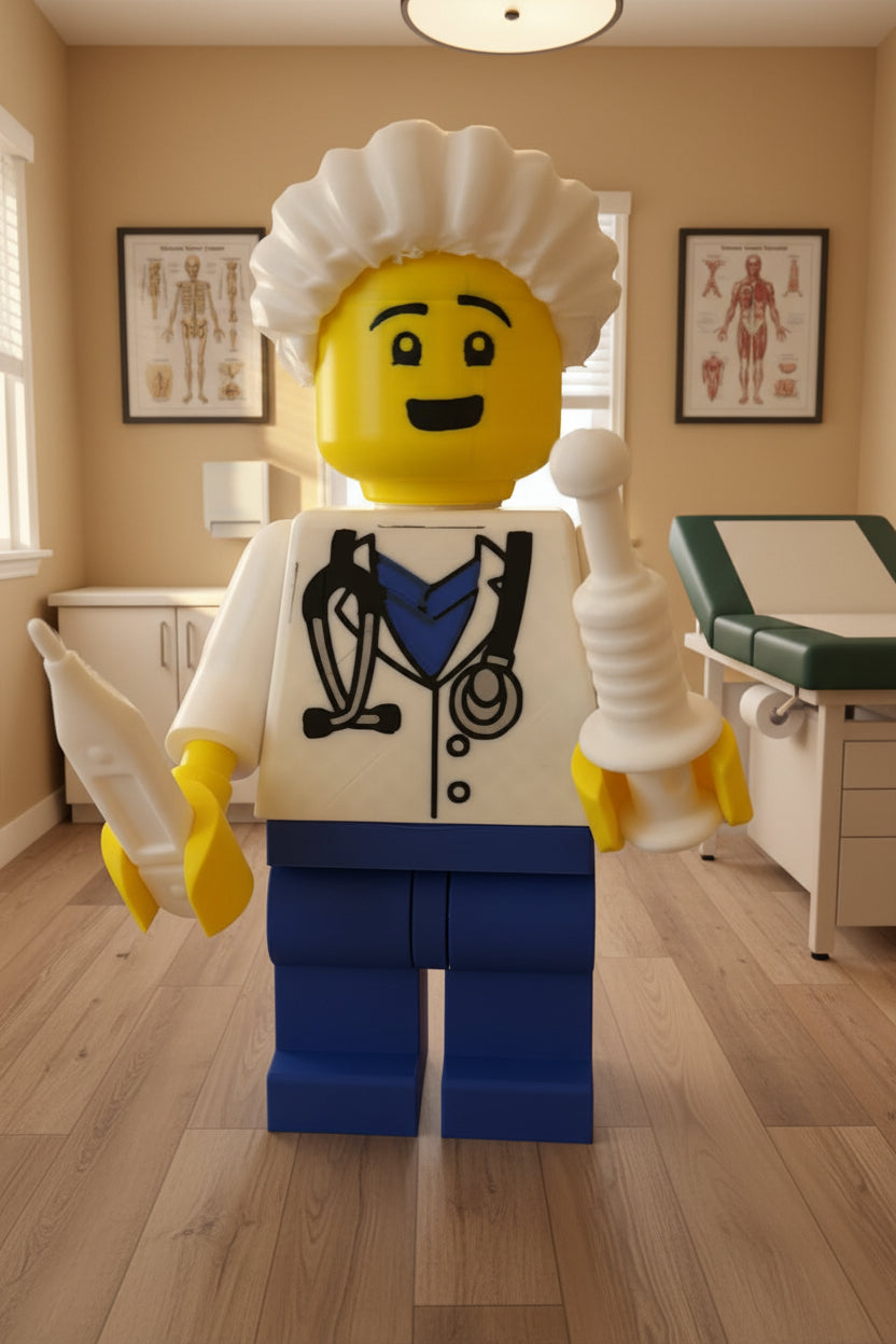 Brick person dressed as a doctor in an examination room.