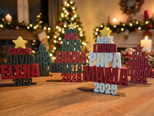 Personalized 3D-printed Christmas name signs spelling out names and dates like 'CARLOS DAVID MENA ELENA 2025' with star toppers.